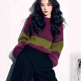 韩系穿搭撞色条纹高领毛衣女秋冬高级感慵懒风时尚洋气软糯针织衫