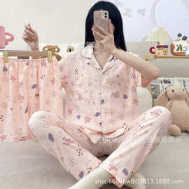 跨境外贸云朵棉三件套睡衣女短袖短裤长裤夏季卡通家居服外穿套装