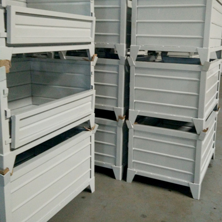 波纹板金属仓储笼销售 钢制料箱厂家供应固定式开半门可堆叠铁箱