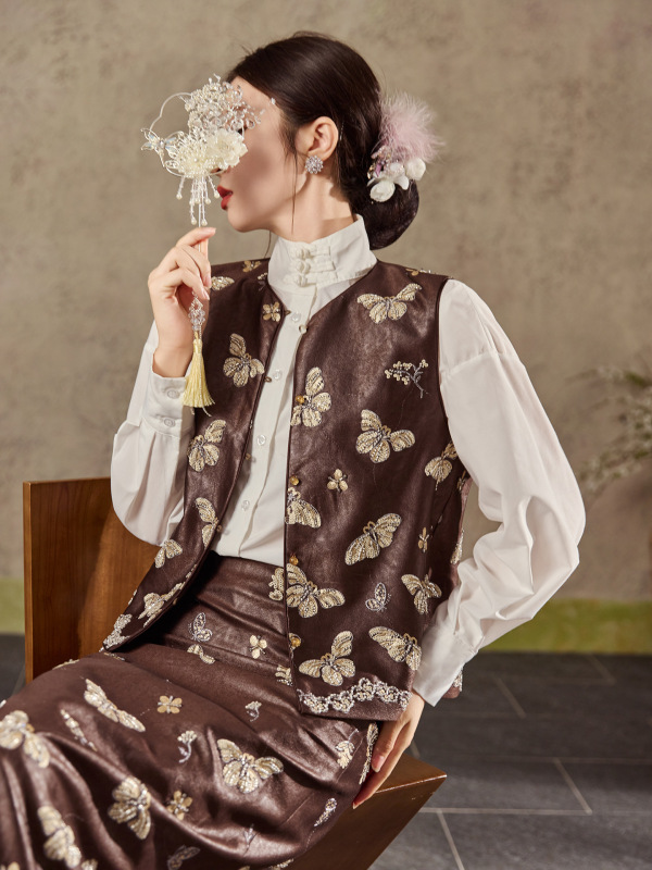 国风新中式高端蝴蝶刺绣设计感皮衣外套+马甲半裙三件套女 N9019|undefined