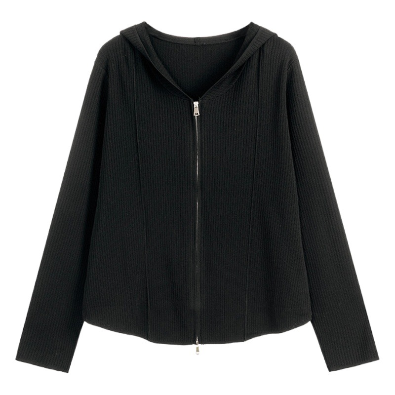 Plus-Size Women's Clothing Supply: Hooded Double-Zipper Jacket Top, 2026 Autumn Style, Loose Knit Cardigan for Plus-Size Women, 21921