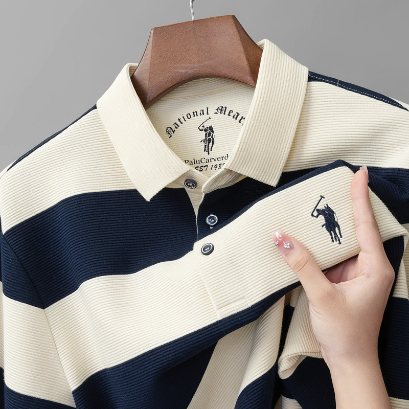 Spring and Autumn Men's Long-Sleeve T-Shirt with Striped Collar and Pony Logo Polo Shirt for Middle-Aged Business, Available for Dropshipping Outside the Station on Douyin Spring and Autumn Men's Long-Sleeve T-Shirt with Striped Collar and Pony Logo Polo Shirt for Middle-Aged Business, Available for Dropshipping Outside the Station on Douyin