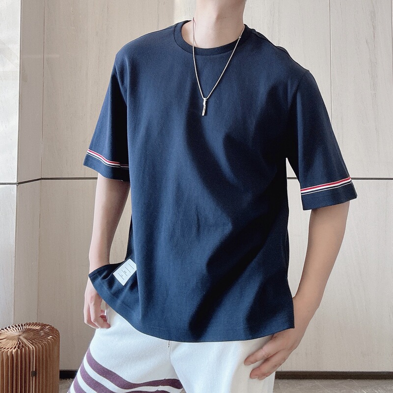 American Tb Double-Sleeve Three-Color Webbing Round-Neck Short-Sleeve Unisex Casual Comfortable Plain Cotton T-Shirt