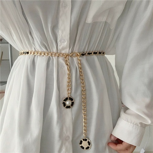 Black and white metal belt for women, European and American style, metal waist chain belt, summer decoration with skirt, trendy thin waist chain