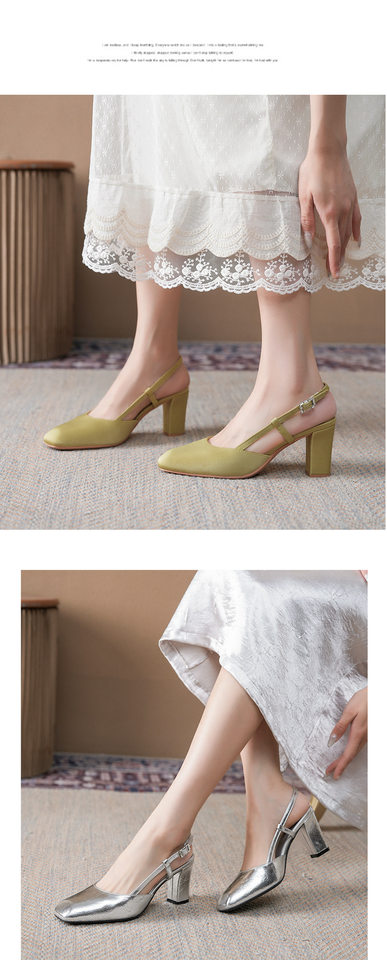 Sandal nữ mũi vuông gót thô hở gót quai ngang thanh lịch công sở, gót 6–8 cm — Bạc ánh kim, Màu vàng gừng, Phấn phủ mịn lì, Đen cao cấp chi tiết 12