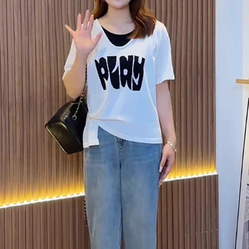 不規則なデザインのラウンドネックトップス、女性用、大きいサイズ、ぽっちゃりさん向け、夏の新作、おしゃれで万能なフェイクツーピース半袖Tシャツ|undefined