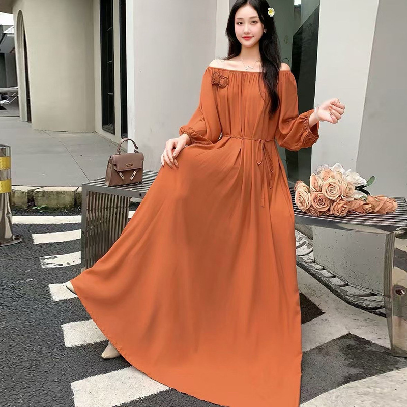Plus-Size Solid Color Long-Sleeve Dress 100kg for Chubby Girls, Off-Shoulder Loose Maternity Dress