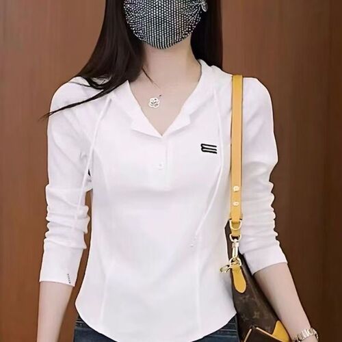 Mid-year leisure top 2025 versatile hooded sweatshirt spring and autumn thin style temperament slender covering stomach women long sleeve t-shirt