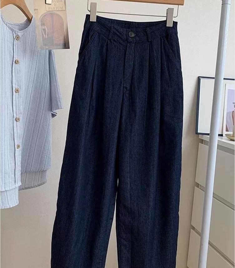 Quần ống rộng vải lanh cotton Yamamoto cạp cao mẫu mới mùa hè 2025 — Màu xanh đậm chi tiết 5