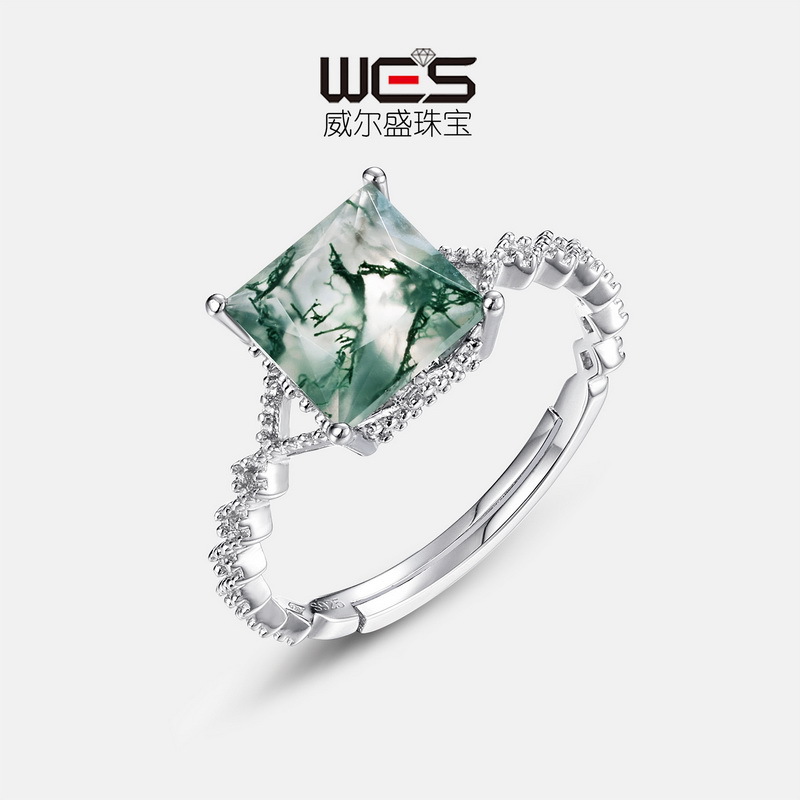 Nuevo anillo de ágata de hierba de agua natural geométrica transfronteriza S925 anillo de apertura de piedra de musgo verde plateado diseño personalizado todo fósforo