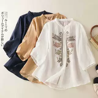 实拍2025新款自然风叶子刺绣棉麻小衫文艺复古衬衫女宽松休闲上衣