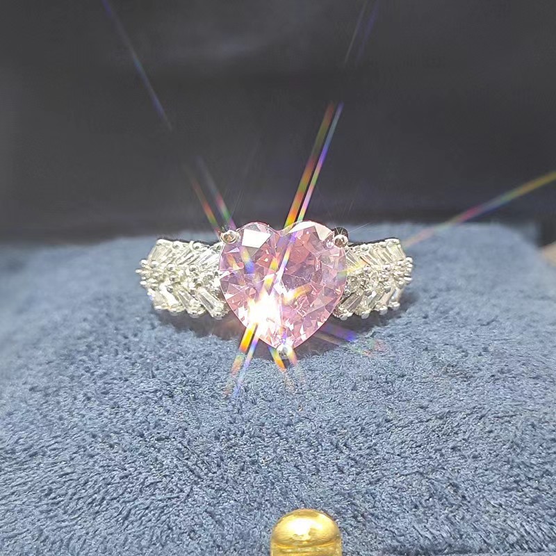 Inel deschis cu diamant roz, piatră albă strălucitoare, bijuterii de lux în formă de inimă pentru femei_voghion.com