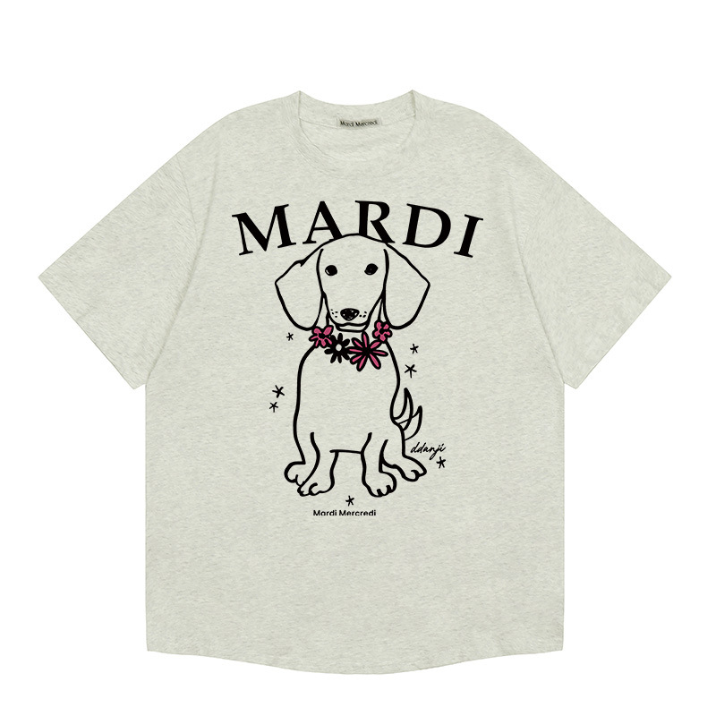 韓国マルディ Tシャツダックスフントレタープリントルーズカジュアルラウンドネック半袖 Tシャツトップ女性用
