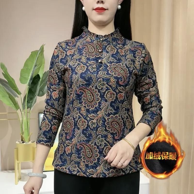 Ladieswear's Clothing Autumn and Winter Double-Sided Velvet Round Neck Bottoming Shirt New Retro Long-Sleeved Middle-Aged and Elderly Women's Warm Shirt Ladieswear's Clothing Autumn and Winter Double-Sided Velvet Round Neck Bottoming Shirt New Retro Long-Sleeved Middle-Aged and Elderly Women's Warm Shirt