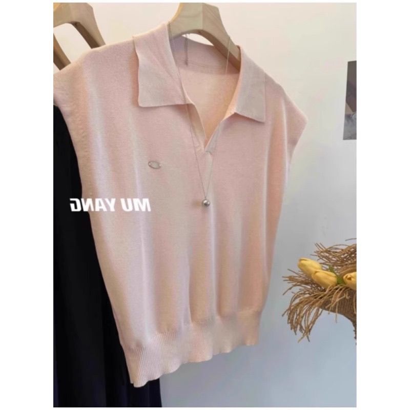 French Style Blue Polo Collar Ice Silk Right Shoulder Top Women's Summer Short High-End Knitwear Short-Sleeved T-Shirt