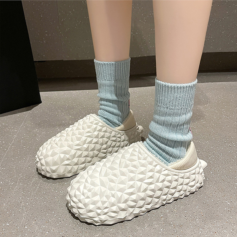 榴莲拖鞋情侣秋冬季厚底防滑搞怪包跟毛毛棉鞋纯色简约时尚舒适棉|undefined