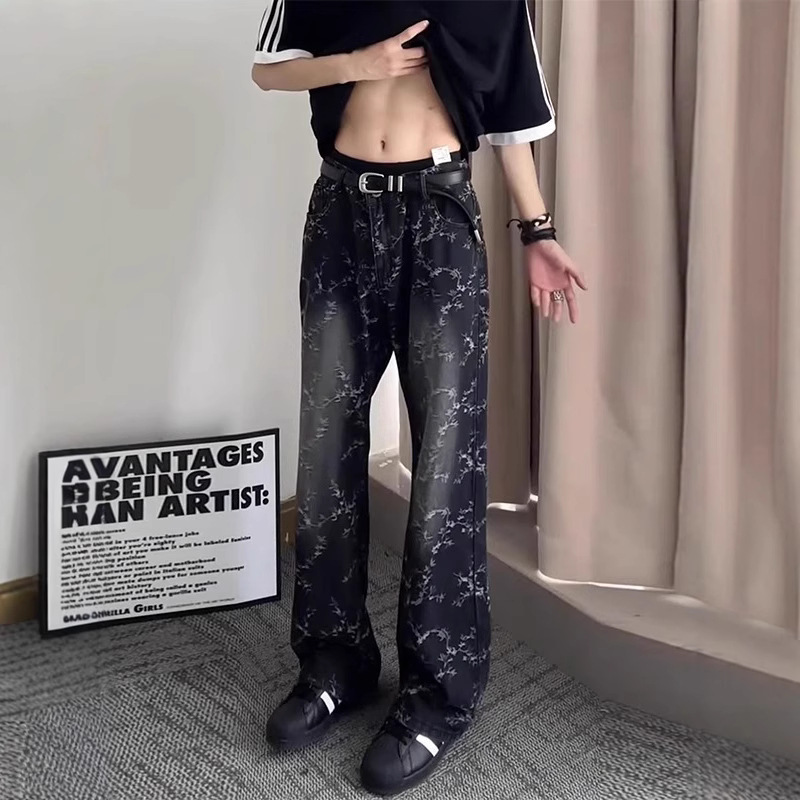 黑色荆棘提花牛仔裤男款夏季痞帅高级感微喇裤子美式高街vibe长裤|undefined
