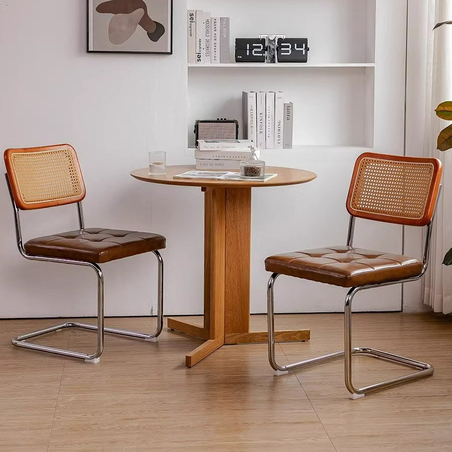 Internet Trendy Rattan Desk Chair Home French Style Light Luxury Dining Chair Middle Ancient Bow Cafe Tuo Ji Leisure Leather Chair