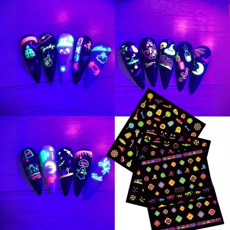 HOT cross-border 20.21 million holy festival fluorescent nail stickers funny skull Monster 3D fluorescent Holy Nail Stickers
