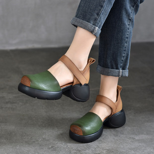 Vintage Color-block Platform Sandals Women's Genuine Leather Low-top Roman Shoes 2025 Summer New Women's Shoes High Heeled Hole Shoes