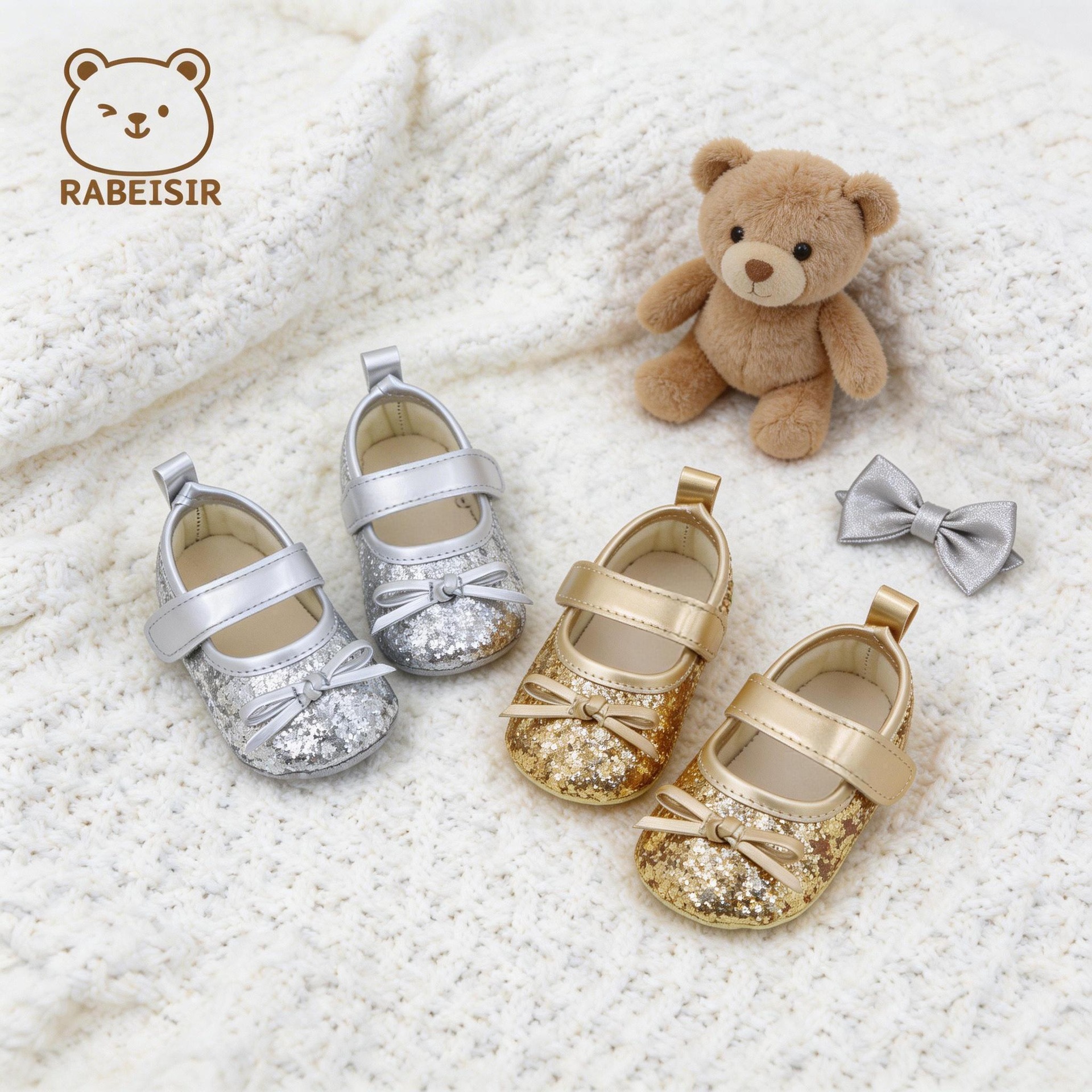 Toddler Flat Shoes with Sequins and Bowknot, Pre-Walking Shoes for Babies, Princess Style Baby Shoes