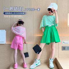 2022 Summer New Arrival Girls' Outfit: Striped Short-Sleeve T-Shirt + Shorts – Chic, Trendy, and Korean-style for Older Kids