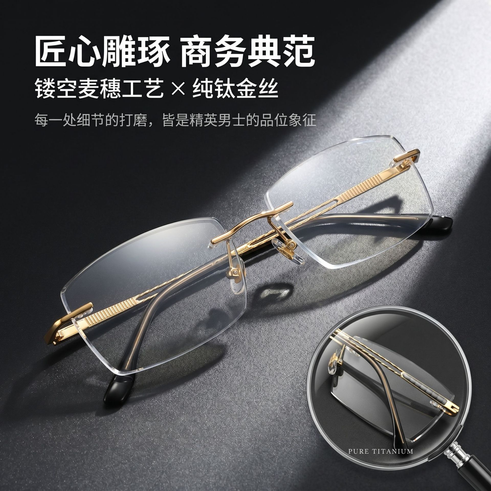 Business Men's Pure Titanium Rimless Glasses for Myopia 9892 Ultra-Light Hollow Wheat Ear Temple Fashion Large Face Rimless Titanium Frame
