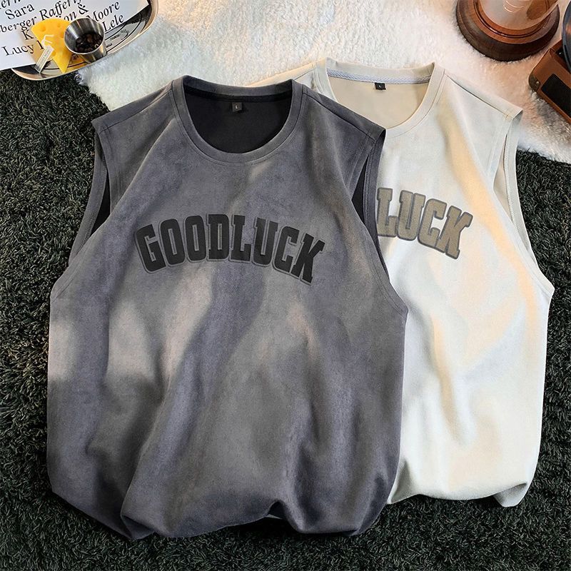 Suede Vest Men's Summer American Style Fashion Brand Sleeveless T-Shirt Men's Loose Sports Waistcoat Heavy Short Sleeve Men