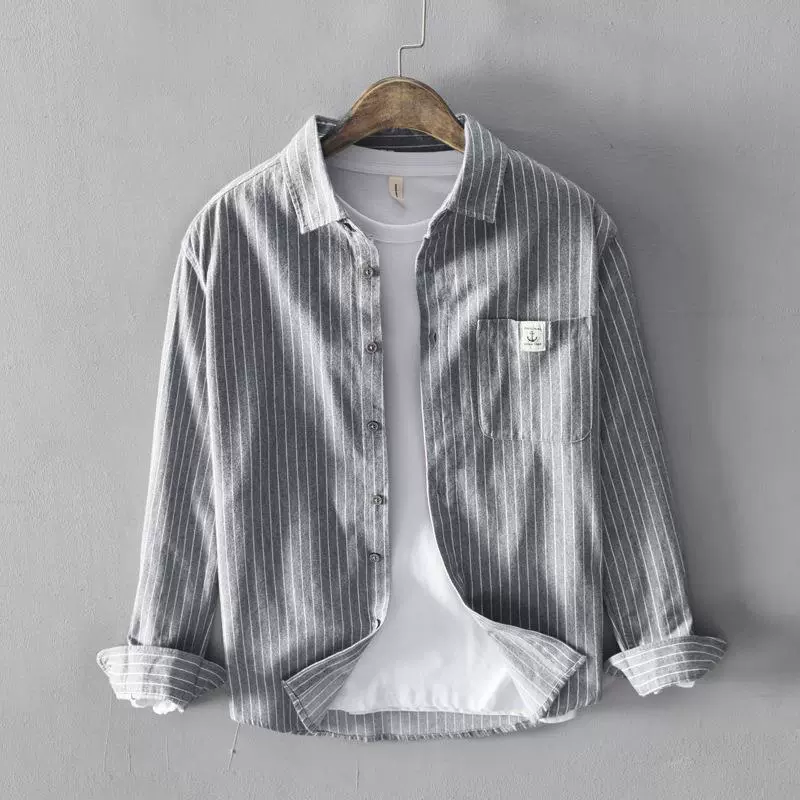 513 085 Японская простая универсальная рубашка, Повседневная Свободная рубашка в полоску с длинным рукавом, цельная доставка