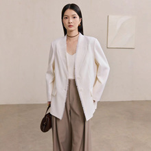 秋季新款精纺全羊毛设计感无领毛边休闲通勤西装女