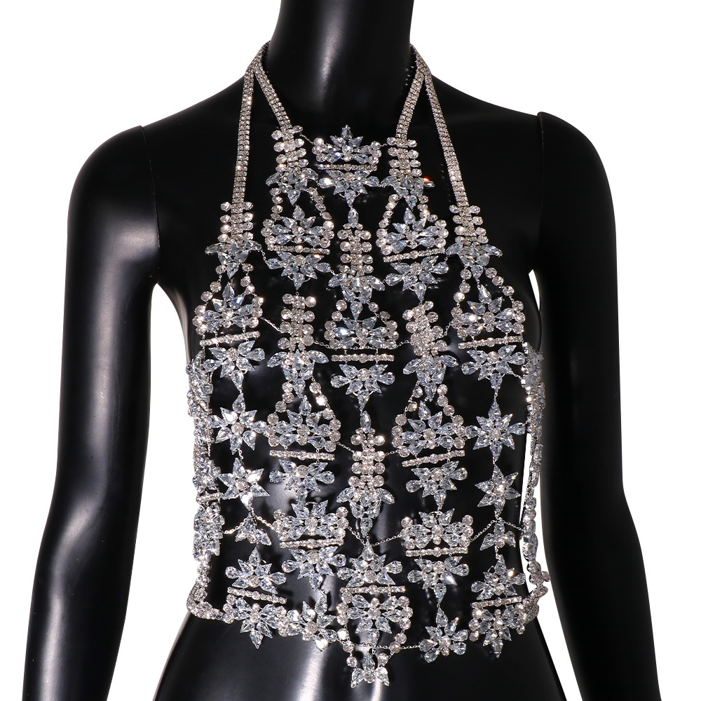 Amazon moda pecho cadena mujer europea y americana sexy personalidad lujo completo diamante Halter bikini cuerpo cadena