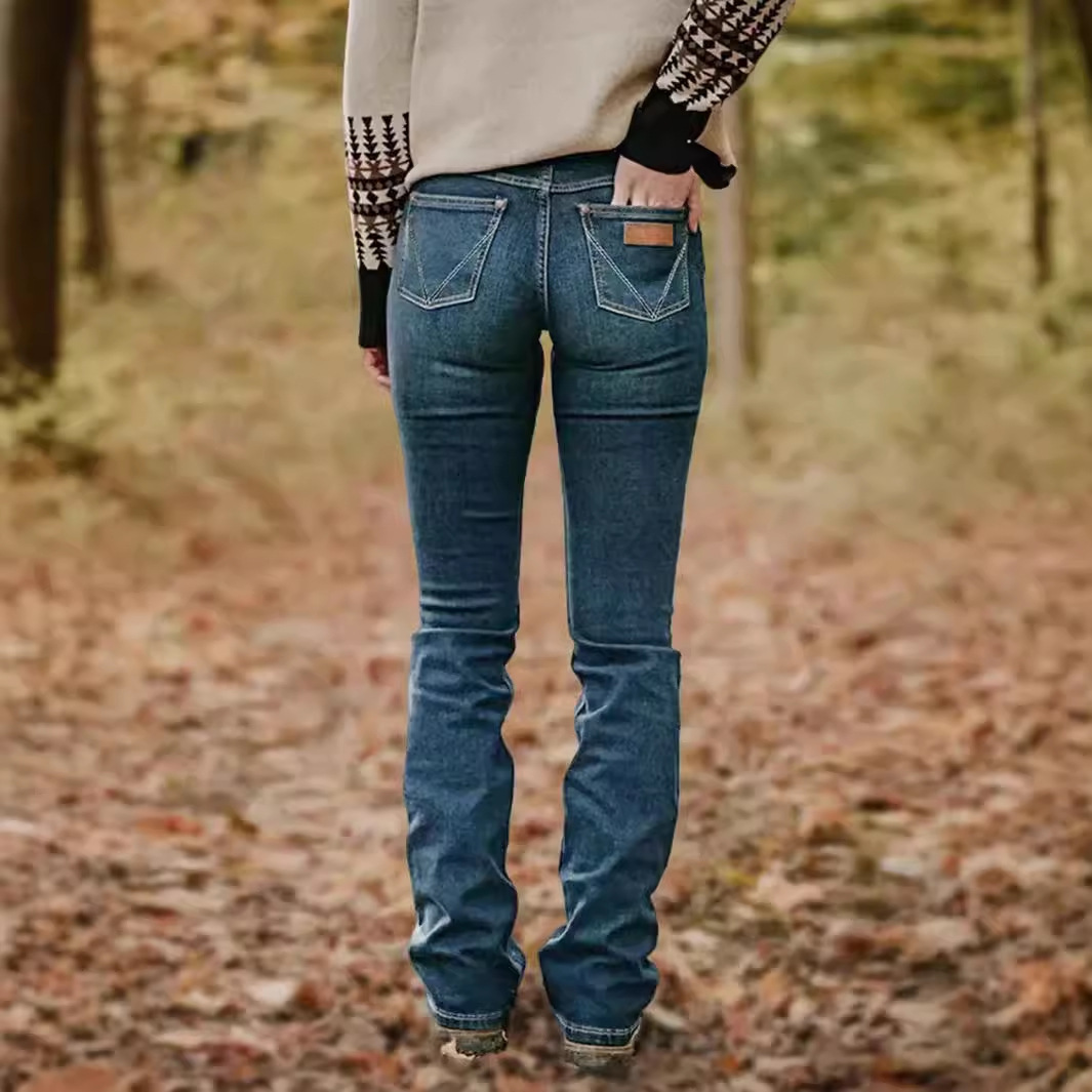 European and American Cross-Border Foreign Trade Spring and Autumn New Women's High-Waisted Elastic Slim-Fit Retro Slimming Straight-Leg Denim Pants