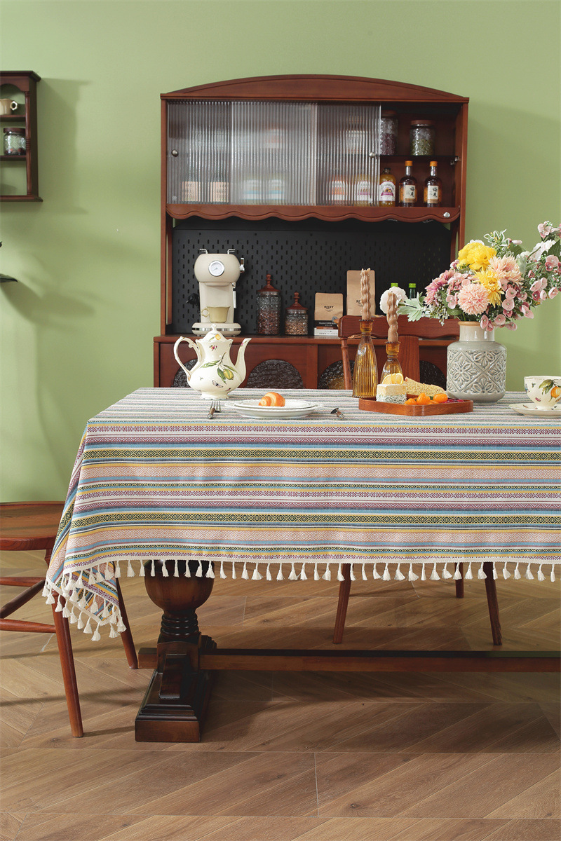 Nappe En Jacquard Style Ethnique Américain Avec Franges Et Dentelle_voghion.com