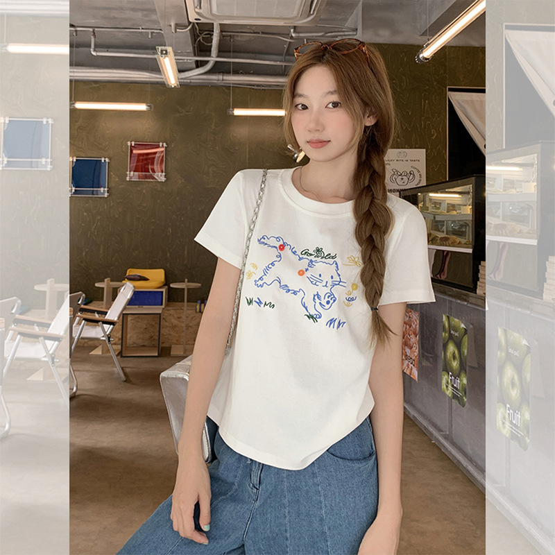 Korean-Style Cute Cat Embroidery Design Short-Sleeve T-Shirt for Women, 2026 Summer New Loose Fit, Slimming, Lazy Top