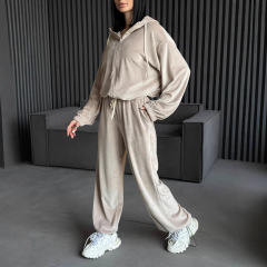 2025 アマゾンクロスボーダーカジュアルスーツ女性のヨーロッパとアメリカのストリートスタイル長袖フード付きカーディガン弾性ズボン 2 点セット