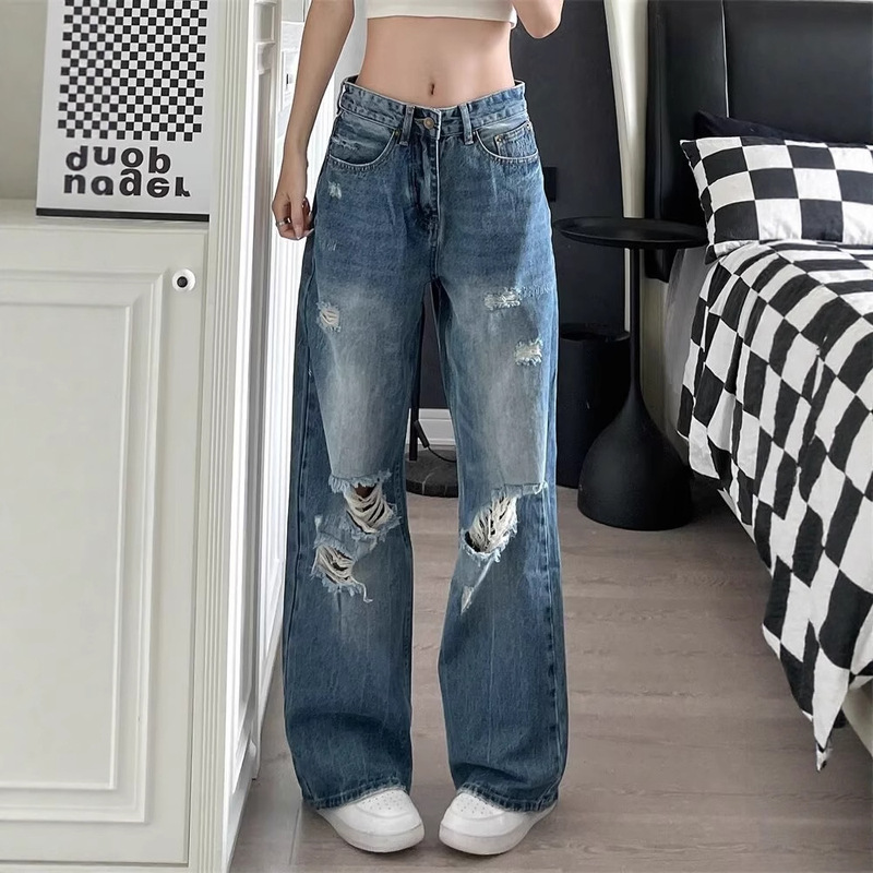 Foreign Trade Large Size American Style Ripped Design Straight High Waist Jeans for Men and Women 2025 Summer New Couple Pants Foreign Trade Large Size American Style Ripped Design Straight High Waist Jeans for Men and Women 2025 Summer New Couple Pants