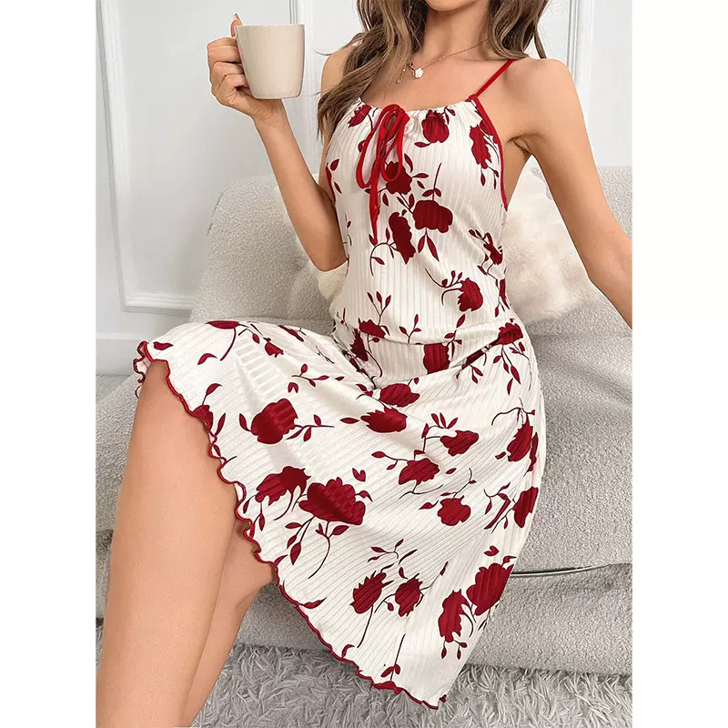 欧美跨境性感休闲吊带睡裙女系带爱心印花高级感舒适家居服连衣裙