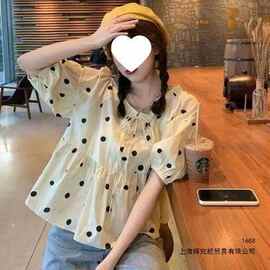 雪纺波点新款夏季宽松显瘦气质小众韩版衬衫泡泡袖系带短袖上衣潮