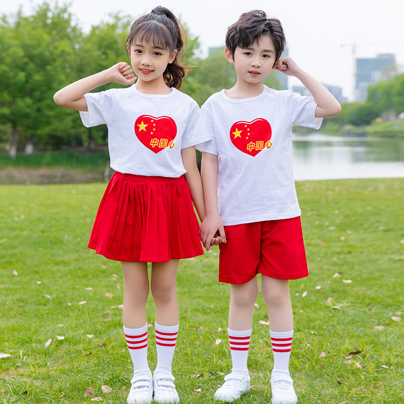 小學生校服夏裝六一兒童表演服班服套裝幼兒園園服短袖紅色中國風