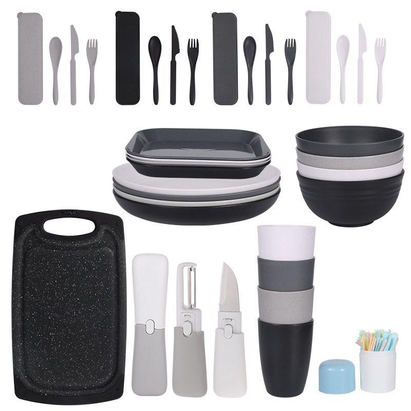Cross-border Outdoor Camping Portable Tableware Wheat Straw Bowl Cup Saucer Fruit Knife, Fork and Spoon Chopping Board Tableware Set