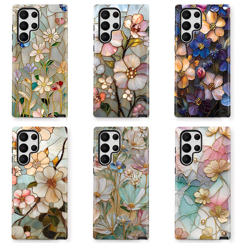 クリエイティブなガラスの花柄 Samsung S22+ 携帯電話ケース 耐衝撃 Samsung S22 Ultra フィルムケース Apple 13 保護ケース|undefined
