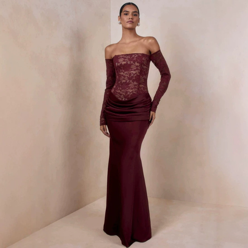 Elegant ladies' burgundy strapless lace mermaid dress, long-sleeved pleated formal evening gown, charming Elegant ladies' burgundy strapless lace mermaid dress, long-sleeved pleated formal evening gown, charming