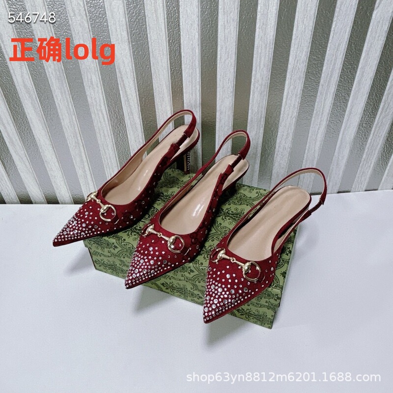 European and American High-Heeled Shoes Double g Rhinestone Hot Diamond Metal Horsebit Retro Pointed Toe Women's Shoes Fashionable Outer Sandals