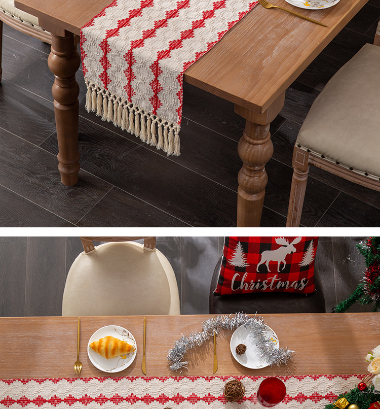 Nouveau drapeau de Table de noël coton tissé double couleur mosaïque gland décoration longue nappe ameublement_voghion.com
