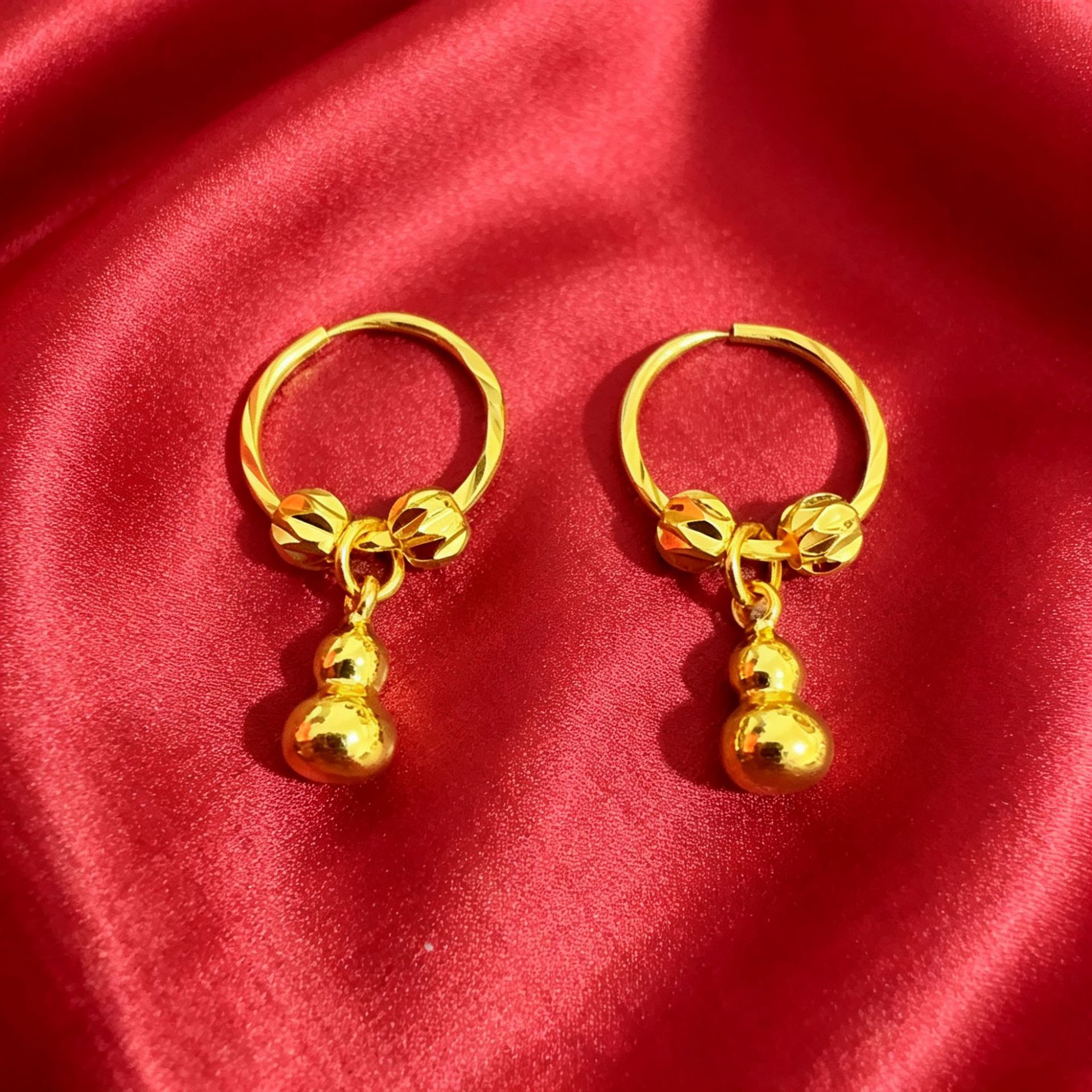 [Accepting Dropshipping] Double Bead Gourd Earrings, Vietnamese Sand Gold Hoops, Exquisite and Fashionable Women's Round Ball Earrings Wholesale