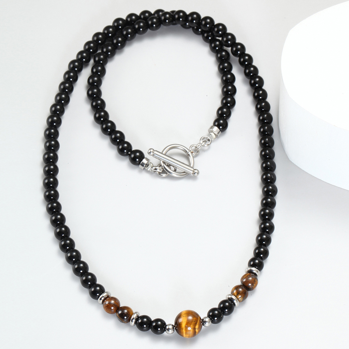 Handmade Men's Cross Pendant Necklace - Tiger Eye Beads & Obsidian Stone, 32"