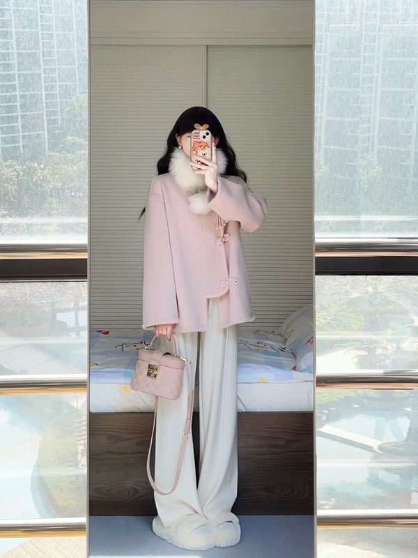 新中式粉色小香风外套女秋冬2025新款小个子加厚中长款毛呢大衣|undefined