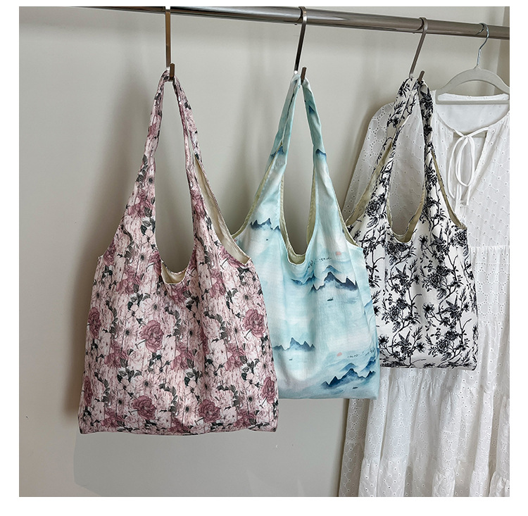 Summer new black and white floral fabric bag, large-capacity, artistic and laid-back style single-shoulder bag, fashionable and versatile crossbody bag undefined