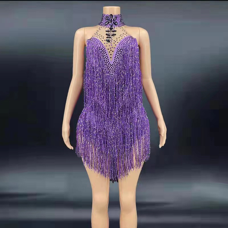 Plus Size Costume Purple Rhinestone Tassel Shiny Crystal Prom Gown Sexy Backless Stage Dance Costume