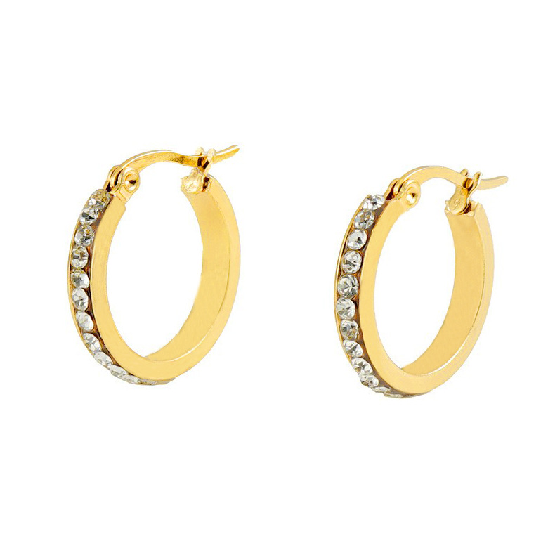 304 Stainless Steel Ear Needle Material 18K Gold Plated Plating Material 1 Pair Lady Geometric Inlay Titanium Steel Rhinestones 18k Gold Plated Hoop Earrings